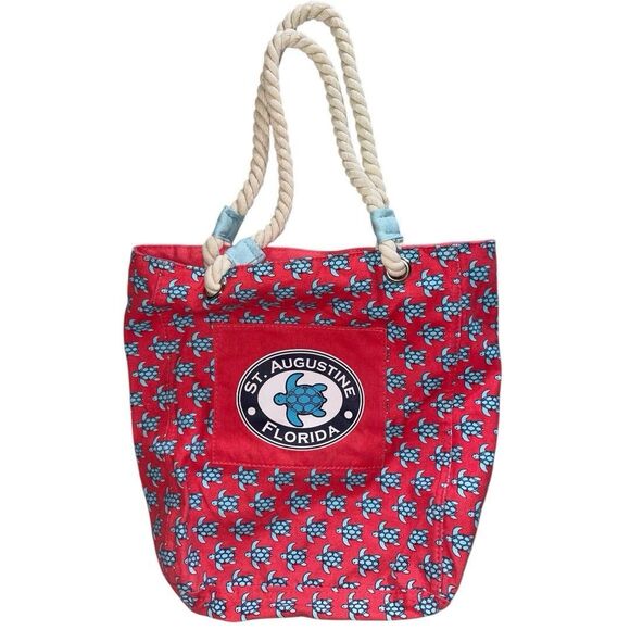 St Augustine Florida Pink Blue Turtle Print Canvas Tote Rope Handle - Picture 1 of 13